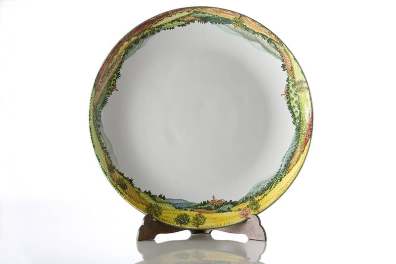 Handmade ceramic round serving plate. Landscape dinnerware set by Materia Ceramica Italy